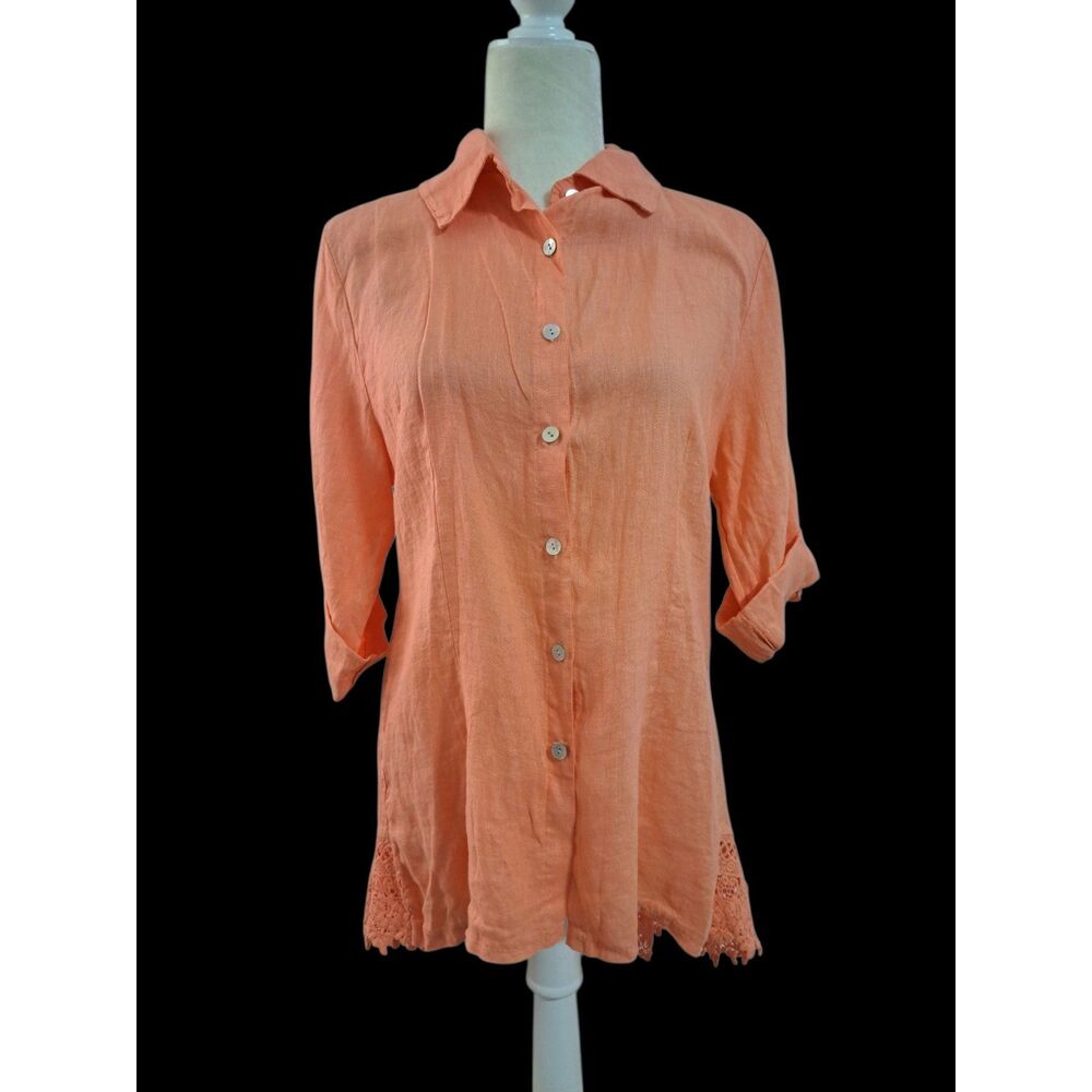 Lungo L'Arno Women's Large Linen Roll Tab Orange Button down Lace Tunic Top
